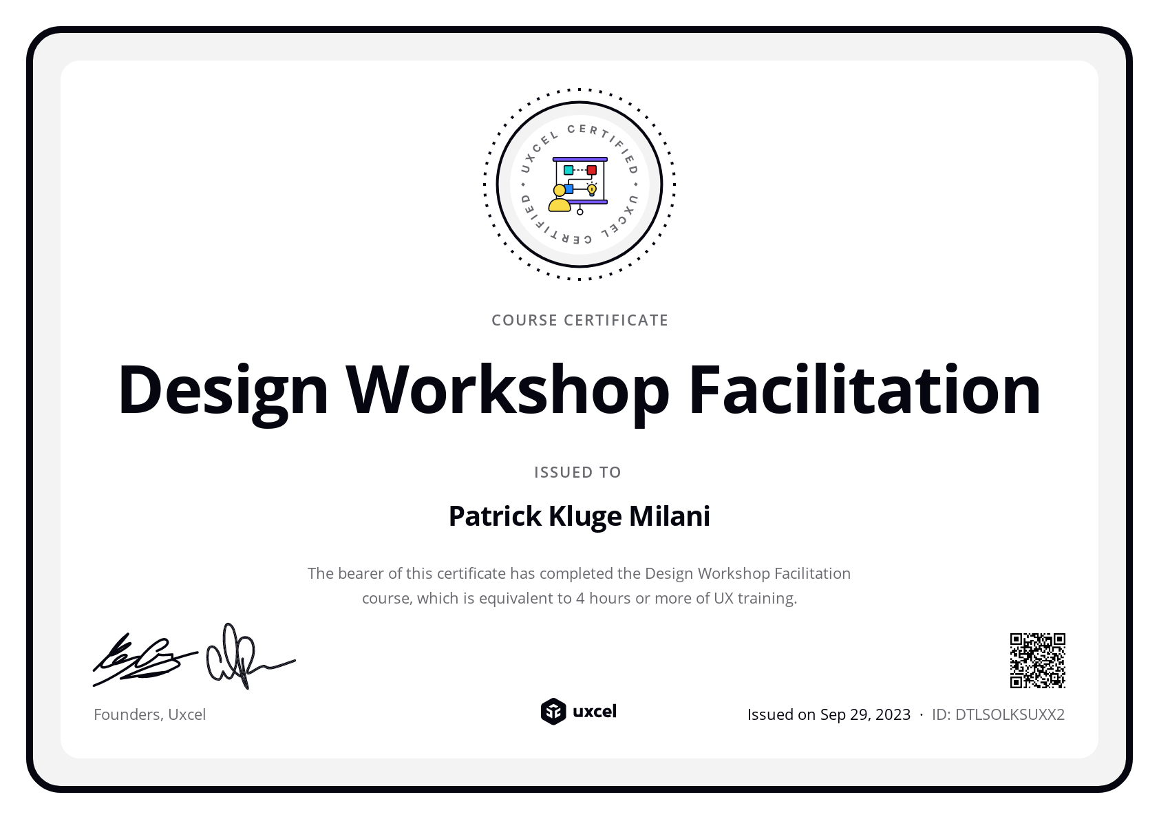 Patrick Kluge Milani's certificate